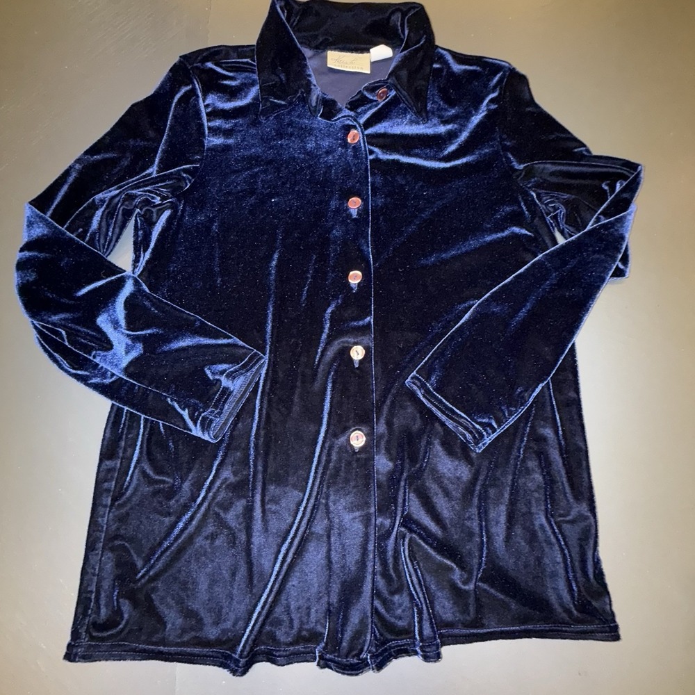 VTG Dark Blue Button Up Velvet Shirt Size M Jewel Tone Fairycore Hippie Boho‎